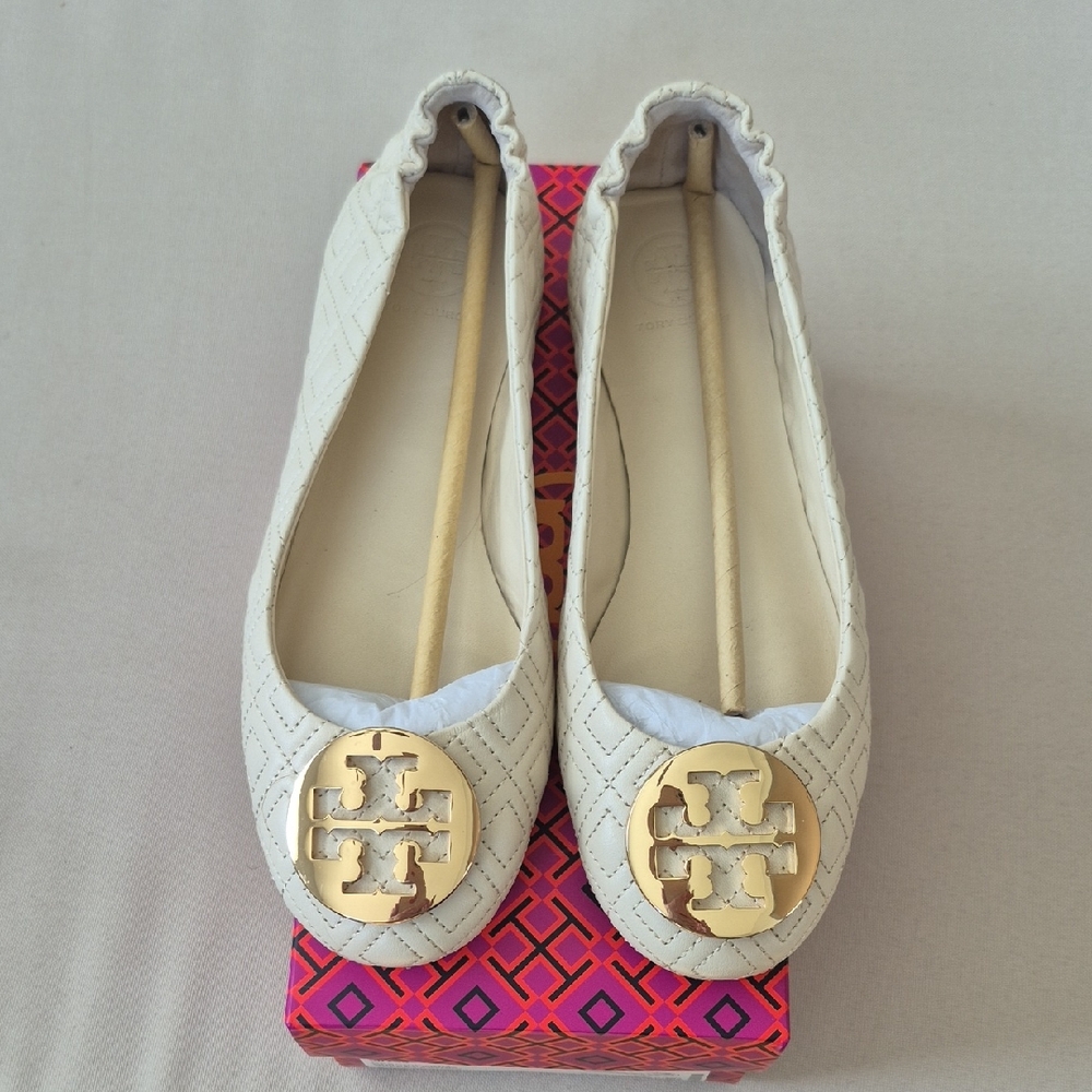 Tory Burch Ivory Quilted Flats with Gold Emblem